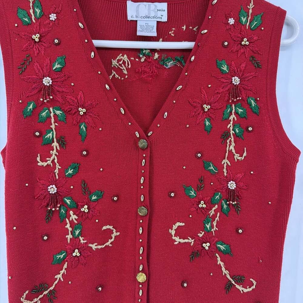 Vintage CB Collection Christmas Poinsettias Red Sweater Vest Size PS Holiday